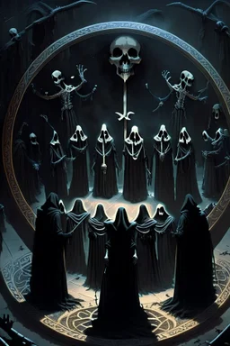 skeletons dressed in long black robes standing in a circle