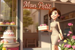 sign "Mon Petit" 3D video game character elegant young woman enthusiastically and cheerfully comes out of a dessert store, cake box in her hand, in the window cakes, cookies, macarons and flowers in sunshine