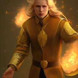 Male, Human, Blond, Sorcerer, Fire Mage, Golden Eyes, Young, Photorealism, Full Body Shot, Forest Background