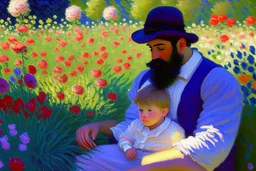 An oil painting of a father with his son in a flower garden by artist "Claude Monet"