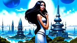 exotic sci-fi pin-up girl, with long dark hair, on an alien planet with cloud trees, tall spires and buildings