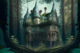 fantasy victorian house surrounded by forest, perspective from below