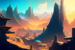 cyberpunk city, sunny day, valley, mountains, sci-fi, epic