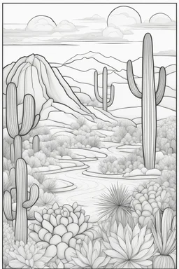 Stress Relief themed coloring page for adult, cartoon style, thick outline, No details, No shading, No colors, White Background, A cute desert oasis with intricate cactus patterns and gentle, soothing hues.