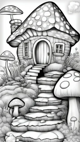 MANDELA STYLE .Mushroom houses Coloring Book for Adults and Kids, Instant Download, Grayscale Coloring Book112233666