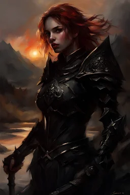 A formidable warrior girl in black armor, on the background Amazing gloomy landscape, flooded with sunset, mountains, trees, fabulous scary hero, , juicy emotions, painting, dark fantasy, gloomy day, dark world, portrait, by James Paick & Anna Razumovskaya