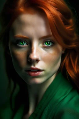Portrait of a young redhead woman with fangs and green slitted eyes