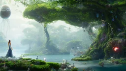 Detailed matte painting of a wide-angle shot of a woman, standing on the left side of the shot, with dark hair in a silver robotic catsuit, many large floating jellyfish with octopus tentacles, alien jungle trees in the distance, with an alien beach and lake