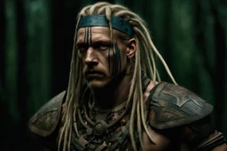 photorealistic portait of henry cavell as modern warrior with blonde dreadlocks tribal tattoos dark fantasy dark forest