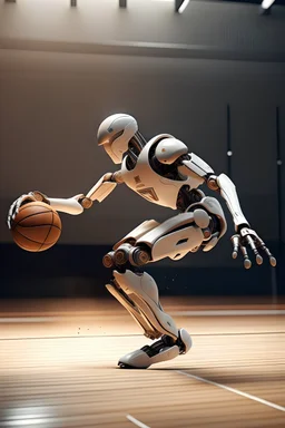 Imagen hiperrealista de un robot jugando al basketball, haciendo una volcada. Atmosfera postpunk