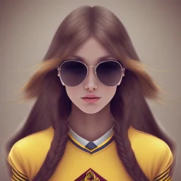 Girl with long wavy brown blond hair, yellow hawk eyes. Wears Hogwarts Hufflepuff uniform and sunglasses with a yellow clip.