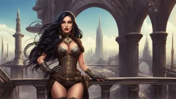 Exotic sci-fi steampunk skinny pin-up girl, with long dark hair, in an alien city, tall spires, buildings, bridges, and arches