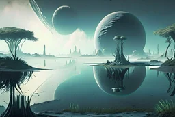 Alien landscape with grey exoplanet in the sky, Lagoon reflection, vegetation, sci-fi, concept art, movie poster, cinematic