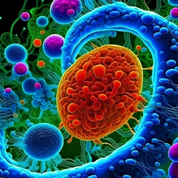 cellules eucaryotes adhérentes vues au microscope pendant la division cellulaire, pas d'animation, photo réaliste, cellule cancéreuse au milieu de cellules saines. Photo nette et très détaillée en 4K, grand angle, nette, vibrante, éclatante.