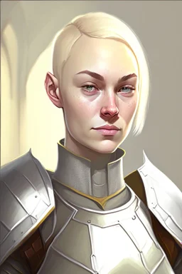 full colour drawing, portrait, 22-year old friendly slender female human cleric, shaved head, blonde eyebrows, grey eyes, wearing armour