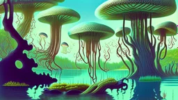 looking out over a lake, in an alien forest, flying mushrooms with jellyfish tenacles formed into gnarled trunks, Roger Dean