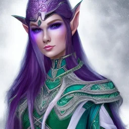 beautiful elven ranger queen with purple armor, delicate cyan braided hair, green glass eyes, white flowing dress, highly detailed, 8k, ambient light, taylor swift