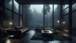 a fancy villa livingroom in the forest with an awesome view from the window,lake,rainy day,mist,dark vivid cinematic atmosphere,fireplace,sun,highly detailed,high budget Hollywood film,