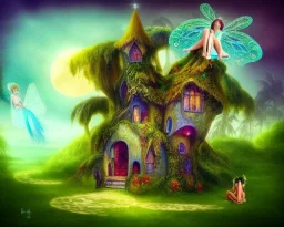 mystical house on a hot tropical island, fantasy art, surreal art, beautiful little fairies sitting on the trees,