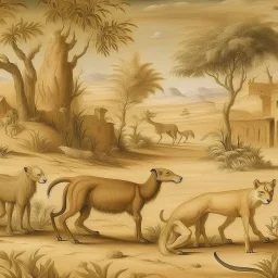 A tan semi-desert grounds with animals painted by Leonardo da Vinci