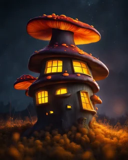 An asymmetrical mushroom house in the night sky. in space. Bright Bold Bright Colors, yellow orange green, Stark Dark background. Detailed Matte Painting, deep color, fantastical, intricate detail, splash screen, hyperdetailed, insane depth, Fantasy concept art, 8k resolution, trending on artstation, Unreal Engine 5, color depth, Deep Colors, backlit, splash art, dramatic, splash art Style. High Quality, Painterly, Whimsical, Fun, Imaginative, Bubbly, good detail, perfect composition,