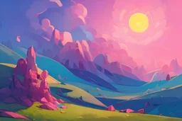 simple landscape, blue, pink, sun, steven universe style