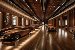 A car museum with brown walls and floors