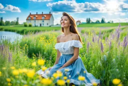 Young woman in flower field in country side ,river, houses,blue sky ,nice clouds,god rays