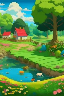 a farm, a river, some trees, flowers, animals, ghibli style