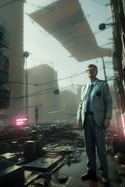 A portrait post-apocalypse cyborg BILL GATES in a cyberpunk city, sci-fi fantasy style, 8k, volumetric lighting, particales,highly detailed,cinematic, deep colours,