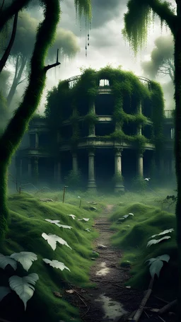 Scary postapocalyptic cinematic overgrown forest park in horror style