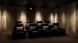 home cinema room, recliners, ambient lighting, warm environment