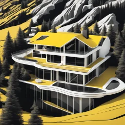 Ilustración minimalista de una casa campestre estilo Zaha Hadid en las montañas arte nouveau neón lineal color negro blanco y amarillo calidad ultra fondo ciudad vista aérea