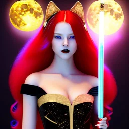 Attractive young teenage girl with golden fire red hair wearing a galactic tiara, who is dressed like a witch casting a spell holding a quarterstaff, she has cat ears and open dazzling red eyes, has a normal nose, background is realistic space with a moon, the girl is on a planet, black goth girl dress, full body portrait, arm colors gradient effect into stars, rendered, unity 3d, unreal engine, dslr, hdr, 4k, edited, photorealistic, normal number of appendages, freckles, artists render