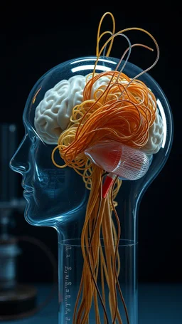 A transparent brain fills with spaghetti in laboratory tube connected to small tubes and wires to an old man head