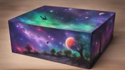 a box 10 cm long by 5 cm wide and 25 cm high, drawn on a box on all sides, space, tress, planets, crow galaxies a lot of colours purple, green and red, portal too others galaxy, realistic