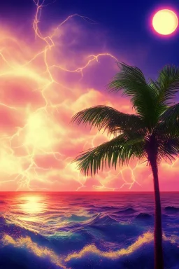 1980's vaporwave aesthetic palm trees with lightning with solar eclipse in the ocean waves sunset