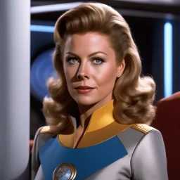 [Star Trek, drinking] Elizabeth Montgomery in engineering outfit as a Ron Eminente Reserva 7 Ans icon
