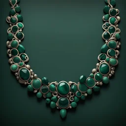 A stunning digital illustration showcasing a close-up view of a necklace adorned with natural malachite green stones, arranged in a delicate and intricate pattern. Each stone is depicted with meticulous detail, capturing the unique texture and color variations of the malachite. The necklace is set against a dark background, allowing the vibrant green hues of the stones to stand out with striking contrast. Soft, ambient lighting enhances the depth and dimension of the illustration, creating a sen