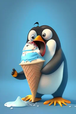 Cartoon character penguin eating ice cream