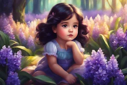 A beautiful little girl is sitting surrounded by full of hyacinth flowers, dark hair, shining eyes, digital painting style, high quality, 4k