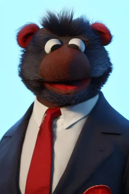 Waist up muppet Portrait, Xi Jinping as muppet doll, black suit and red tie, photo studio, blue background, unreal engine 5, concept art, art station, god lights, ray tracing, RTX, lumen lighting, ultra detail, volumetric lighting, 3d.