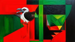 painting of asymmetrical, balance , man and vulture , cubist painting, tumblr, figurative art, asymmetrical face, red and green tones, arabic art, fantasy acrylic on canvas, trending artstion, trending on devian art, tribal art, (oil) painting,