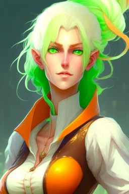 fantasy setting, woman with orange and white hair, green eyes, tall and thin, kind, soft facial traits