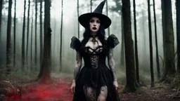 The Dark Lord's Granddaughter is a witch with her bloody fangs, covered by tattoos and lace agent provocateur dress [vintage style noisy scratches glitches, Shot the texture and then rewound the film and double exposed from a 1970 B series movie] in the forest in front of her Hutt