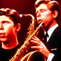 eyes closed REd-haired ron howard as richie from happy days Is playing the saxophone in a band with his "eyes closed", rock band, Saxophone lip, looking at camera