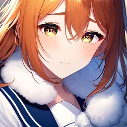 Clear focus,8k,Beatiful Lighting,Beatiful Blur,Beatiful Face,Beatiful Shading,Amber long hair,fluffy hair, long fluffy bangs, Cyan eyes, wearing a sailor uniform, Extreme Close Up