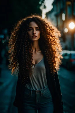 Beautiful woman, beautiful face , long curly hair, that is standing on a sidewalk, wearing jeans, trending on unsplash, viennese actionism, anamorphic lens flare, dynamic pose, shallow depth of field, dreamlike, nature-inspired, romantic, whimsical, fantasy art,dreamy