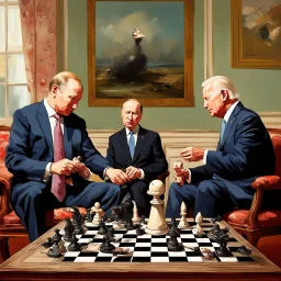 Putin, President Xi Of China And Joe Biden Play Chess With A Pigeon,Ufo And Atomic Bomb Mushroom Cloud,Complex Surgical Instruments Intermixed With A Newborn Boy,Minimalism,Painting By Adrian Ghenie,Rene Magritte,Pablo Picasso,Michelangelo,Salvador Dali,Lucian Freud