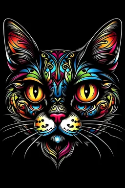 cat face Tattoo design, with vibrant color, black bg